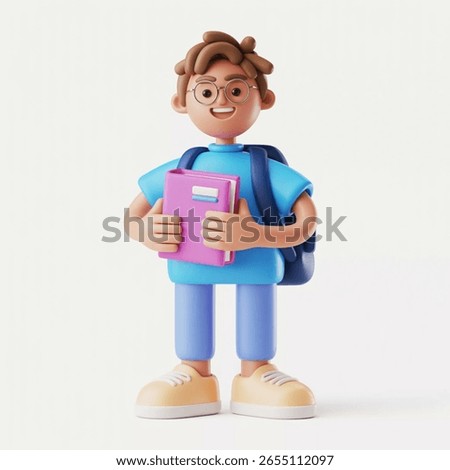 Student with Backpack: A cheerful 3D rendered cartoon student with glasses holds a book and wears a backpack. This happy studio shot on a white background shows a student ready to learn.