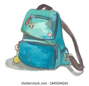 Student Backpack. The Backpack Has Key Rings And Badges. Drawing Made In Watercolor.