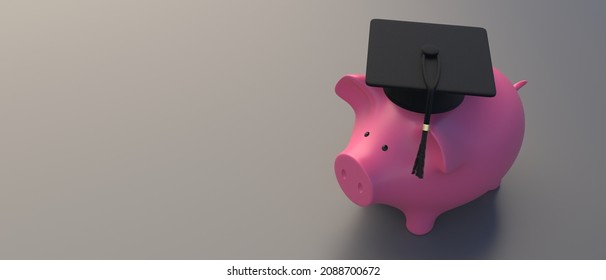 Student College Graduate, Tuition Cost, Degree Diploma Loan, Scholarship. Piggy Bank With University Graduation Cap, Grey Background, Space. 3d Illustration