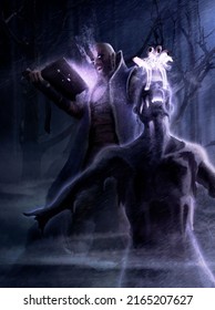 A Student Of Dark Magic With Fangs And A Beard, Revives A Dead Man At Night In The Scary Forest. A Young Necromancer In A Long Robe With Smoking Eyes Sorcery From An Ancient Book With Terrible Spells.