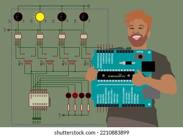 A Student Of The Faculty Of Radio Engineering Against The Background 
Of An Electrical Circuit
Holds In His Hands An Arduino Uno Electronic Circuit Board Running Under
The Control Of A Microcontroller