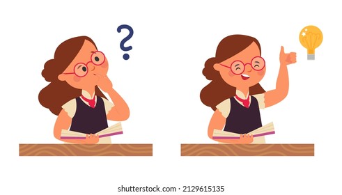 Student Girl Thinking. Young Child Question, Stupid Kid Think And Inspire Thought. New Idea Or Understand, Find Solution With Book Decent Concept