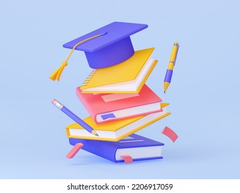 Student Graduation Cap On Books Stack. Concept Of University Or College Education, Academic Tuition With Flying Mortarboard, Books, Pen And Pencil, 3d Render Illustration. 3D Illustration