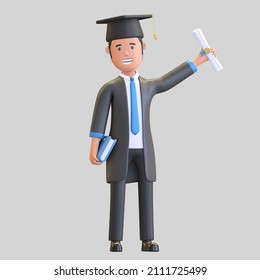 Student Graduation uniform character Holding Diploma and book 3d render illustration