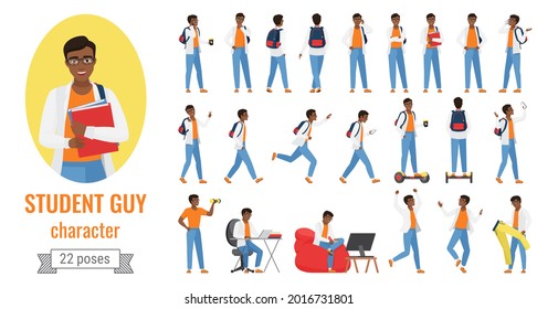 Student Guy Poses Illustration Set. Cartoon Young Male Character In Jeans Posing With Books In Avatar, Riding Hoverboard, Studying With Laptop Or Gaming In Different Postures Isolated On White