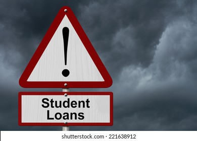 Student Loans Caution Sign, Red And White Triangle Caution Sign With Words Student Loans With Stormy Sky Background