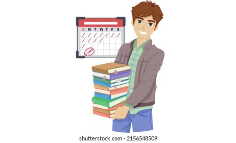 Student Preparing For Exam. Student Doing Work With Deadline. Student Holds Many Books