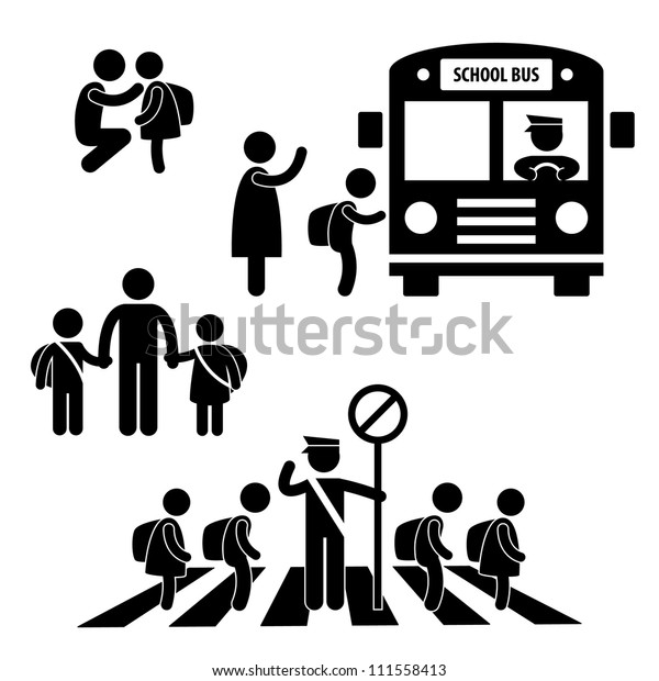 学生の生徒が学校バスに戻る道路交通警察のアイコン記号絵文字 のイラスト素材