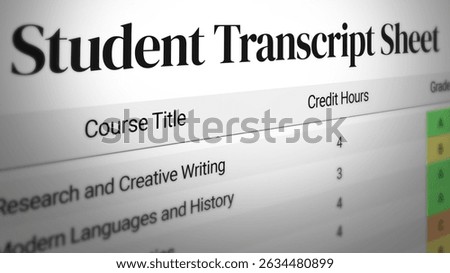 Student transcript sheet close up with subjects and marks mentioned, exams results concept. University, college, grades