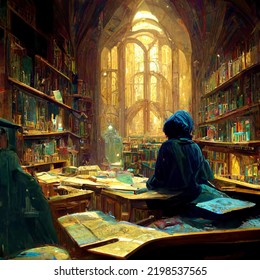 student of wizard school studying in wizard library, blue wizard coat in a golden like witchcraft library