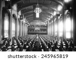 Students Army Training Corps in the Great Hall, College of the City of New York. They are students in the Signal Corps School of Radio and Multiplex Telegraphy. WWI. Ca. 1918.