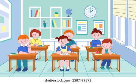 Students in classroom. Student behaviour, pupils sitting at desks on lesson. School college children, cartoon kicky kids educational scene