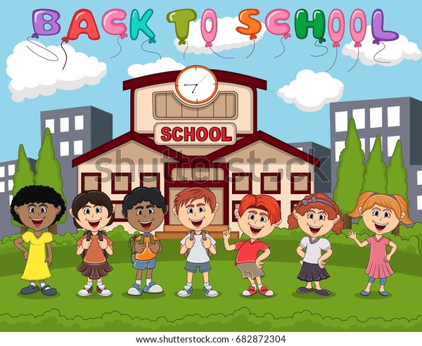 students in front of school with balloon back to school cartoon