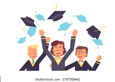 Students throwing graduation caps flat characters. University graduation cartoon illustrations. Commencement ceremony drawing. College, school pupil celebrating isolated clipart. Raster copy - Powered by Shutterstock