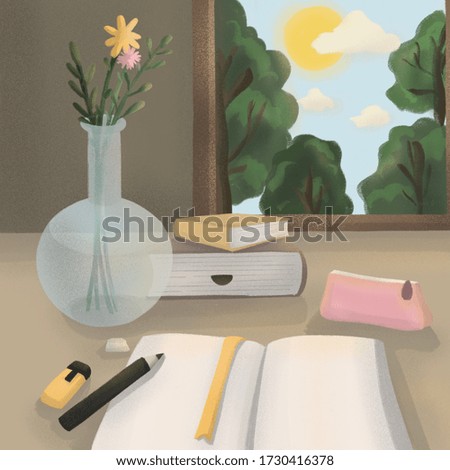 student's work space. table with schoolbooks, notebook, stationary and vase with flowers. self education or distance learning concept. illustration of creative workscpace. back to school.