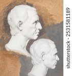 Studies of a classical bust (1774 to 1775) painting by Joseph Wright of Derby.Vintage art drawing of head illustration, old painting art print, human head vintage drawing, man