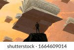Studies. Object floating. Flying books. Surreal scene. Fictional. Lonely human. Imaginary. Modern art. Drawing. Infinite space. 2d illustration.
