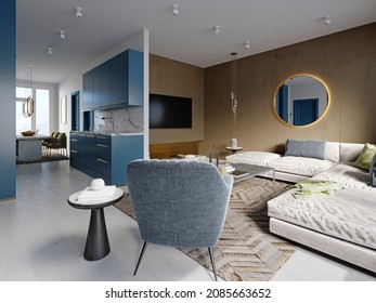 Studio-Wohnung mit blauen Küchenmöbeln und weiß mit braunen Wänden und einem Wohnzimmer mit Sofa und Sessel und einem Fernsehbereich. 3D-Darstellung.