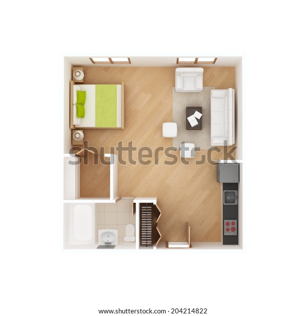 一室公寓楼层平面图顶视图隔离在白色库存插图