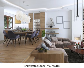 Studio apartment living-room and dining-room in a contemporary style. Large sofa with designer coffee low table and decoration on the shelves. Dining in an elevated podium. 3D render.