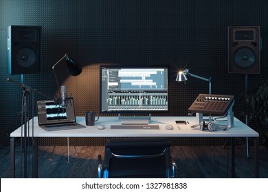 Studio Computer Music Station Set Up. Professional Audio Mixing Console With Faders And Adjusting Knobs. Big Computer Monitor. Broadcasting. 3d Rendering.