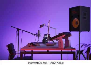 Studio Computer Music Station set up. Professional audio mixing console. 3d rendering.