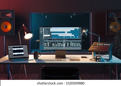 Studio Computer Music Station set up. Professional audio mixing console. 3d rendering. - Shutterstock ID 1520509880