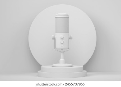 Studio condenser microphone on cylinder podium with steps on monochrome background. 3d render of display product like streaming gear for cloud gaming and gamer workspace concept - Powered by Shutterstock