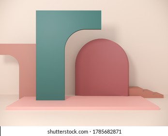Studio with geometric objects and arch. Exhibition Podium, stand, showcase on pastel light background for premium product  -3D render. Architectural background for advertising products, presentations. - Powered by Shutterstock - Get 15% off with code: PIKWIZARD15