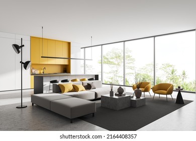 Studio Interior With Lounge Zone, Sofa And Island With Bar Chairs, Side View. Open Space Kitchen In Hotel Apartment, Panoramic Window On Tropics. 3D Rendering