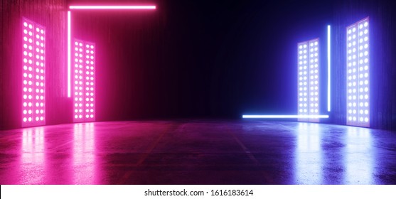 Studio Neon Led Laser Lights Glowing In Wide Garage Podium Car Showroom Purple Blue Red Grunge Concrete Reflective Floor Sci Fi Futuristic 3D Rendering Illustration