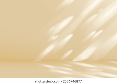 Studio Room light Beige Background wall for product presentation with light and intricate Shadow leaves from the window Empty Abstract Shadow, mock up scene,Sunshade shadow on the wall.