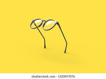 Studio Shot Of Flying Black Glasses On Yellow Background 3D Rendering