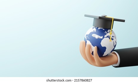 Study Abroad Concept Design Of Business Hand Holding Globe With Graduation Cap And Plane 3D Render