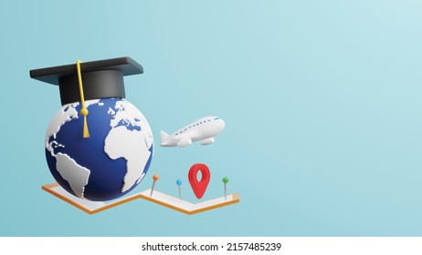 Study Abroad Concept Design Of World With Graduation Cap And Plane Map Pin And Location Sign 3D Render