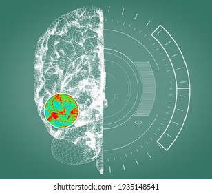 Study Of The Brain, Electronic Scan Of The Organ. Degenerative Diseases, Holographic Projection. Pain In The Head, Section Of The Brain. Parkinson's, Synapses, Neurons, Alzheimer's. Sci-fi. 3d Render