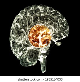 Study Of The Brain, Electronic Scan Of The Organ. Degenerative Diseases, Holographic Projection. Pain In The Head, Section Of The Brain. Parkinson's, Synapses, Neurons, Alzheimer's. Sci-fi. 3d Render