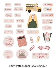 Study Collection. Books, Diary, Planner, Notes, School Bus, Stationery. Hand Drawn Illustrations On White Isolated Background, Study Stickers