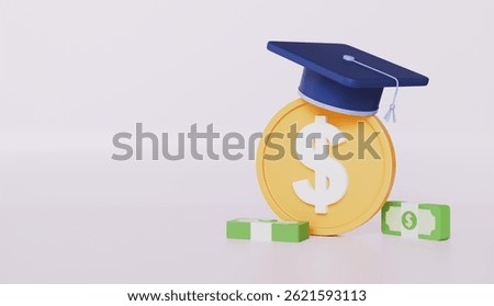 Study of economic sciences, Giant coin in graduates cap, bundles of green banknotes, Principles of cash flow, Education concept