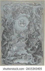 A Study for a Frontispiece: The Trinity and Saints surrounding the Sacred Hearts of Christ and the Virgin Mary by Vitus Felix Rigl. Vintage Christian artwork. Christianity in vintage painting.