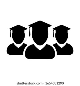 Study Icon Male Group Of Students Person Profile Avatar With Mortar Board Hat Symbol For School, College And University Graduation Degree In Flat Color Glyph Pictogram Illustration