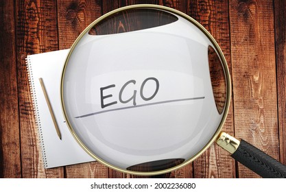 Study, learn and explore ego - pictured as a magnifying glass enlarging word ego, symbolizes analyzing, inspecting and researching the meaning of ego, 3d illustration