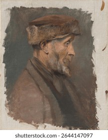 Study of a poor old man in a fur cap by Ladislav Mednyanszky. Vintage painting by Ladislav Mednyanszky. Beautiful vintage art illustration, Ladislav Mednyanszky artwork.
