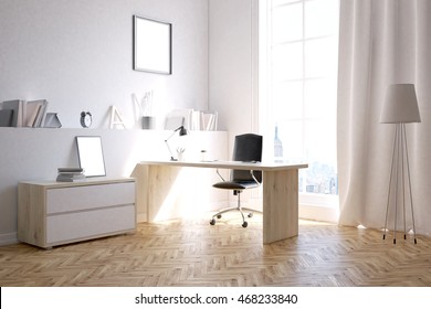 Study Room For Busy Businessman. Concept Of Extra Work At Home. 3d Rendering. Mock Up