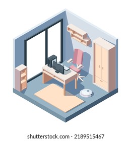 Study Room Isometric Concept. Office Modern Design Study Room Center Computer Chair Table Computer Programmable Cleaner Large Fashionable Window Entire Wardrobe Things Corner. Illustration.