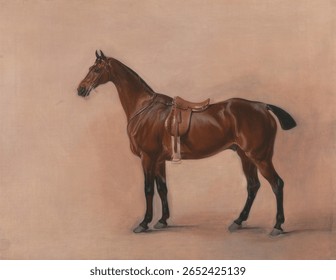Study of a Saddled Bay Hunter (1828) painting in high resolution by John Ferneley . Horse in vintage painting, old artwork. Equestrian painting, horse art illustration.