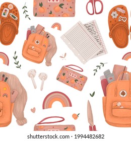 Study Seamless Pattern. School Backpack, Notes, Notebook, Pencil Case, Scissors, Stationery, Stickers. Hand Drawn Illustrations On White Isolated Background