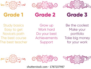 Study stages description for certificate template. Image with colorful decorative floral ornaments and text on white background for print. Perfect as henna art diploma - Powered by Shutterstock