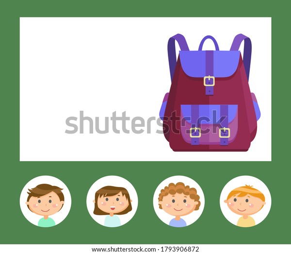 Study time and stiker back to school, green slide
with round stickers of smiling girl and boy. Backpack element of
education, pupils and colorful schoolbag raster. Back to school
concept. Flat
cartoon