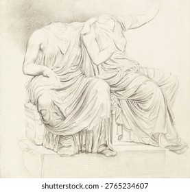 Study of Two Headless Classical Statues. Vintage painting and art illustration.